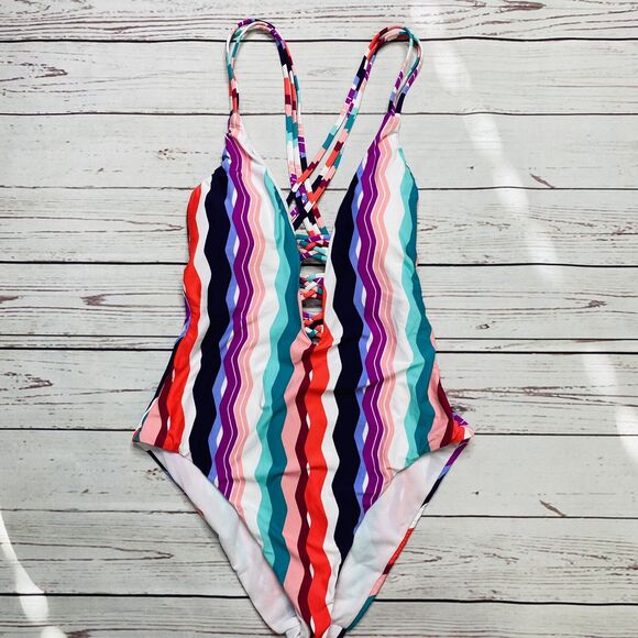 Bar III Waves Chevron Printed Strappy High Leg One-Piece Swimsuit S Teal Pink - Picture 3 of 7